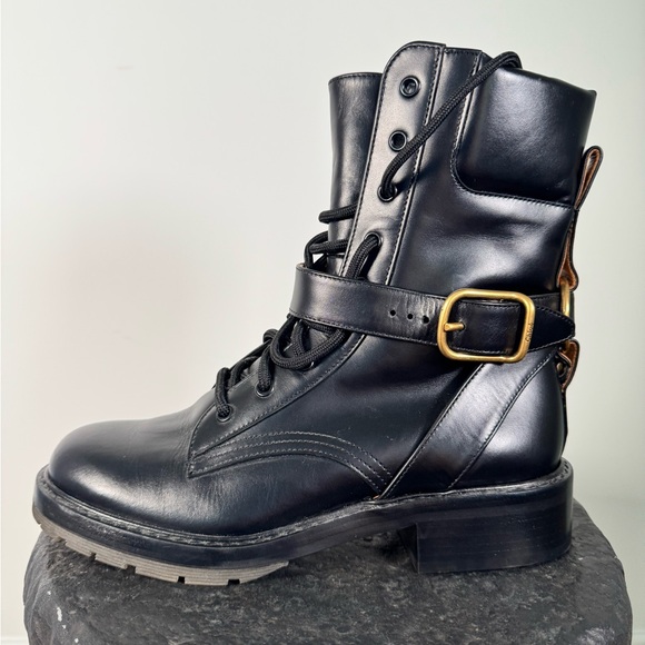 Chloe Diane Black Leather Lace up Combat Boots with Gold Buckle Size 9 - Picture 5 of 12